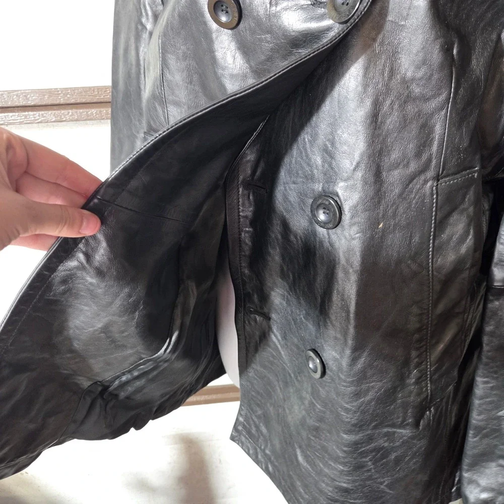 Tommy Hilfiger Mens Black Leather Car Coat Jacket Vintage Y2K Size M Medium